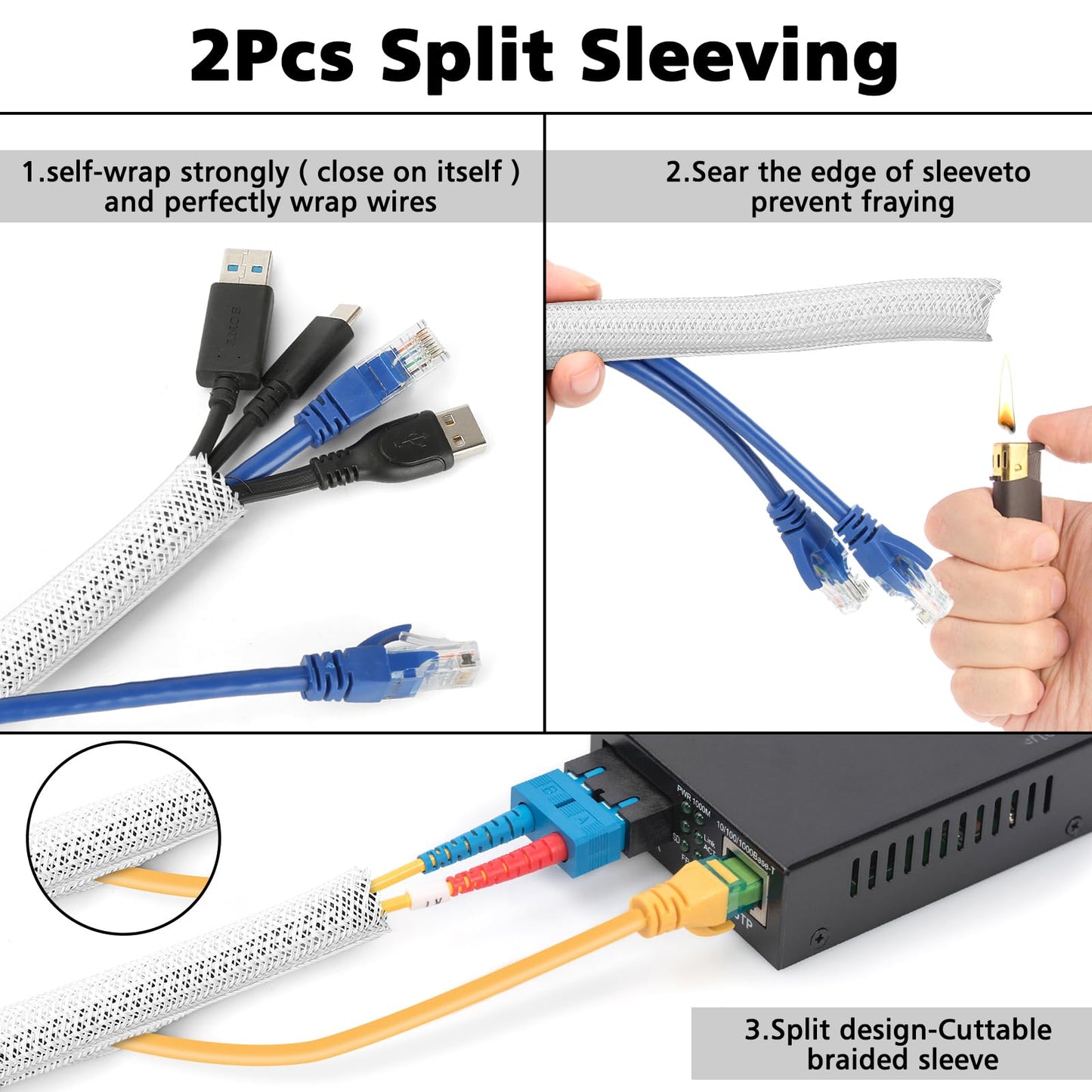 CHZHLI White Cable Management Organizer Kit, 2 Wire Sleeve Protector, 41 Self Adhesive Cable Clips Holder, 10pcs+2 Roll Reusable Cable Ties and 100