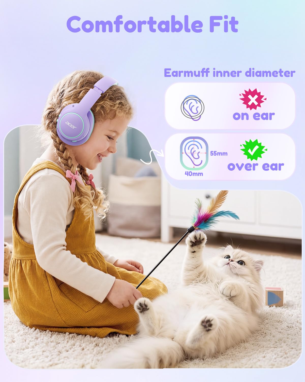 Acer OHR702 Kids Bluetooth Headphones for School with Built-in Mic,Over-Ear