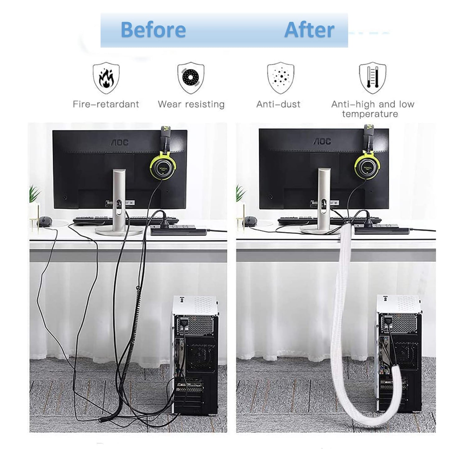 10ft - 1/2 inch Diameter Cord Protector, Hibucuo Cable Management Sleeve Wire Loom Tubing Cable Sleeve Split Sleeving for USB Cable Power Cord Audio