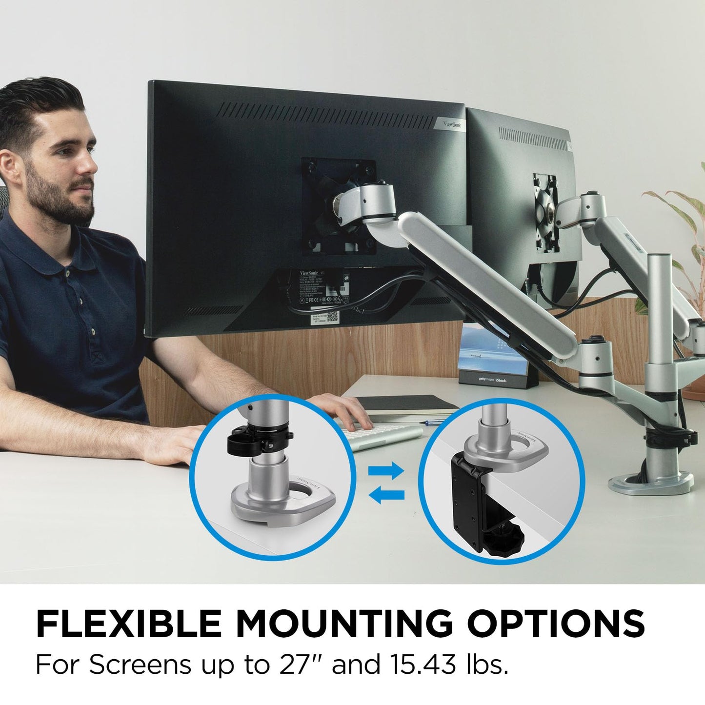 ViewSonic LCD-DMA-002 Spring-Loaded Monitor Desk Mounting Arm for 2 Monitors up to 27 Inches Each, VESA Compatible, Full Ergonomic Adjustability