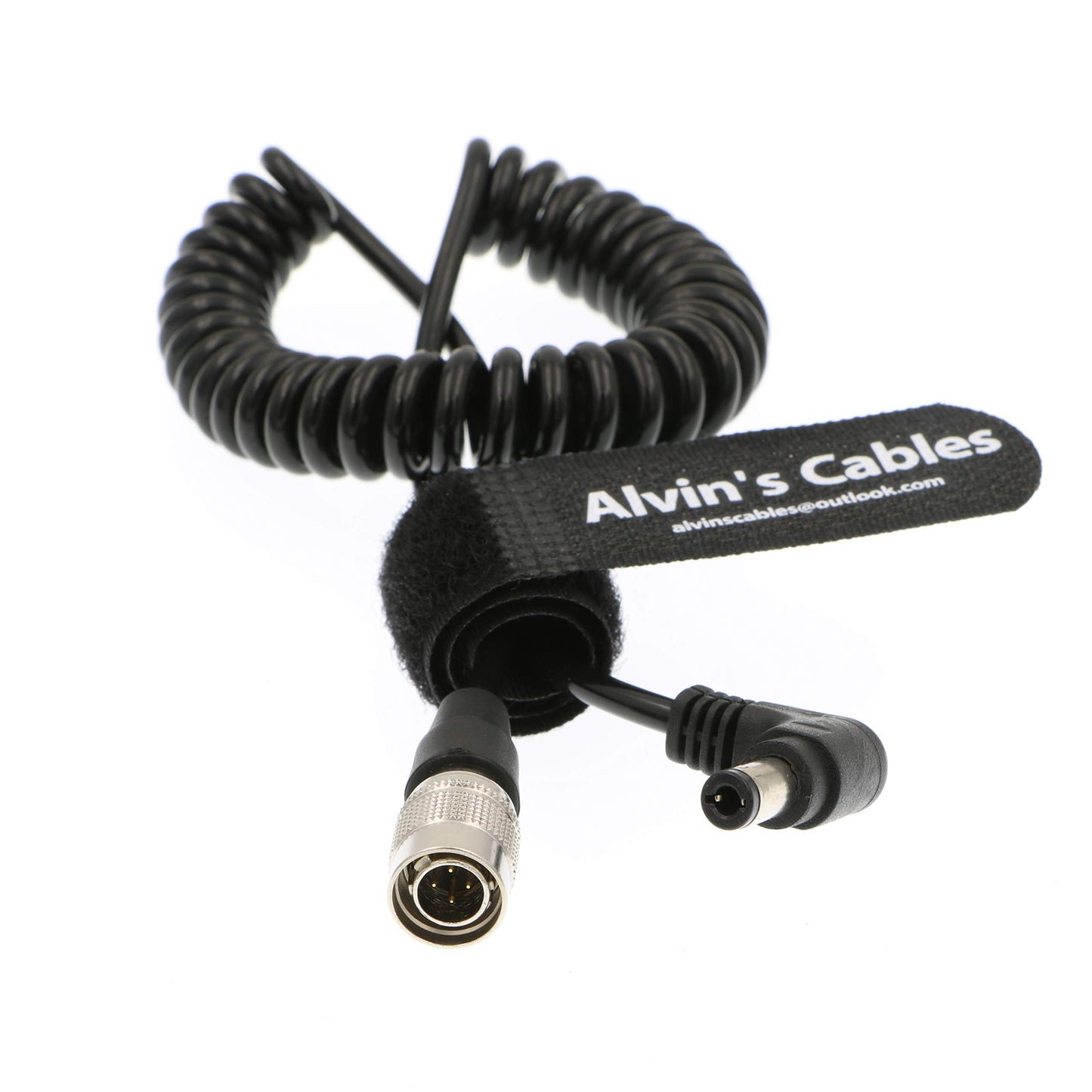 Alvin's Cables Hirose 4 Pin Male to DC Right Angle Coiled Power Cable for Sound Devices 633|644|688 Zoom F8 Blackmagic Cinema Camera 4K