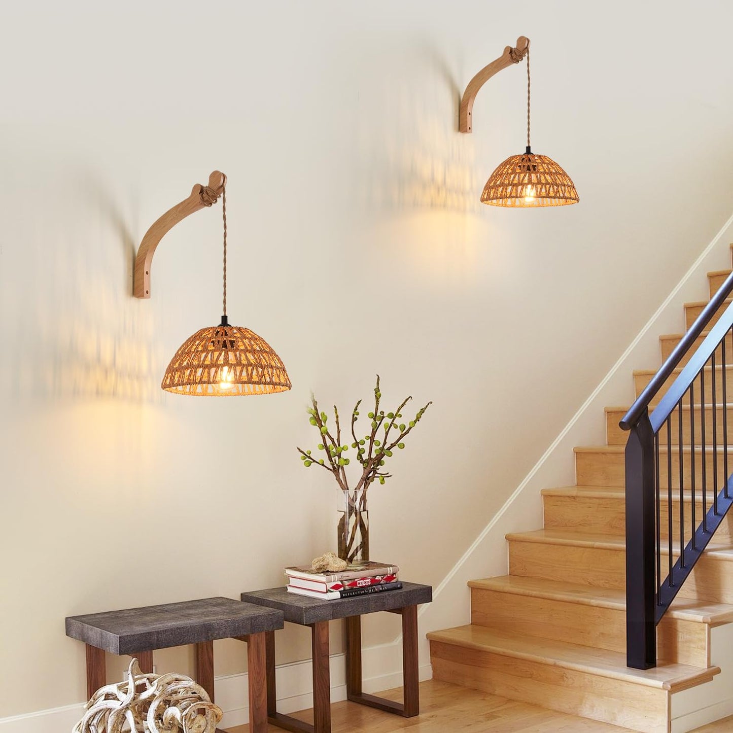 CAFULAM Plug in Wall Sconce,Farmhouse Wicker Wall Lamp Plug in,Hand Woven Rattan Wall Light Farmhouse Rustic Boho Sconces Wall Lighting for Living