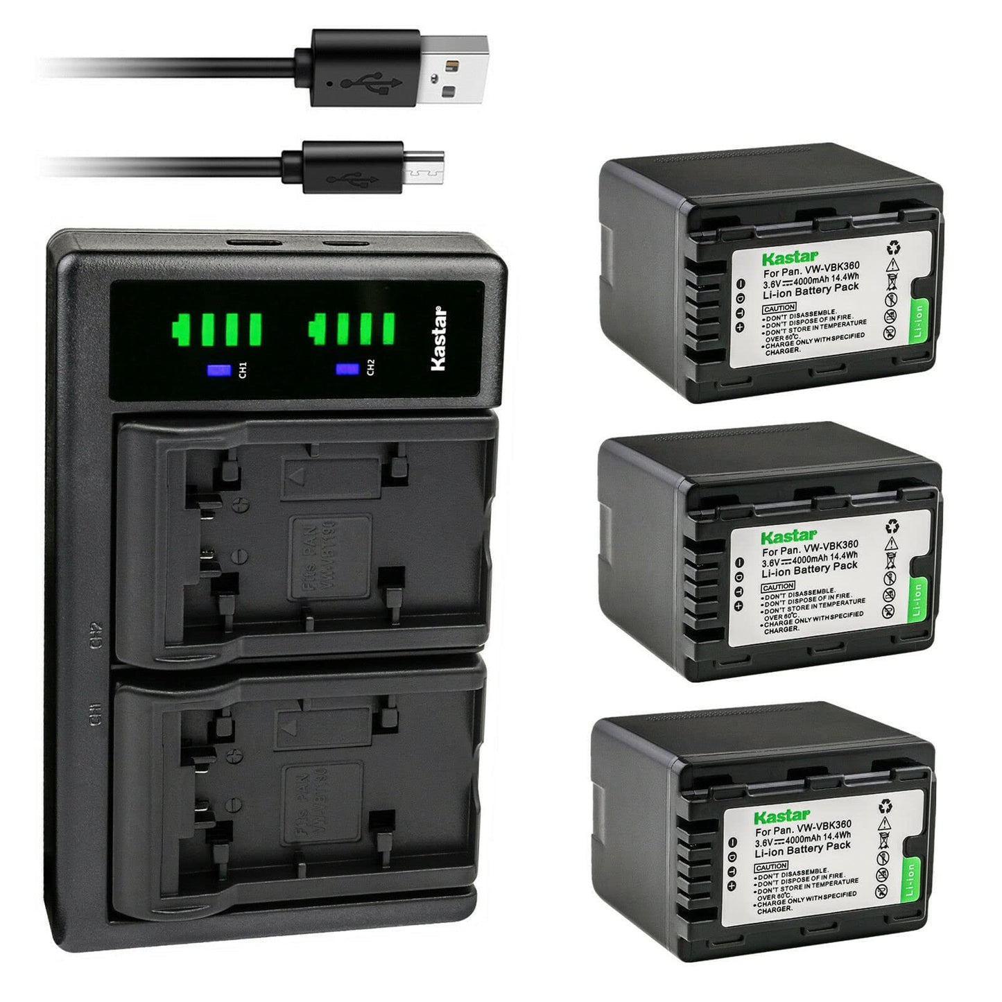 Kastar 3-Pack VW-VBK360 Battery and LTD2 USB Charger Replacement for Panasonic VW-VBK360, VW-VBK180, VW-VBL090, VW-VBL180, SDR-T50K, SDR-T50P