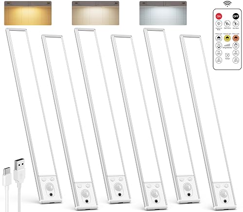 Under Cabinet Lighting Wireless, Rechargeable LED Motion Sensor Light Indoor, Closet Lights with Remote, Timer, 3 Color Temps & Dimmable Magnetic