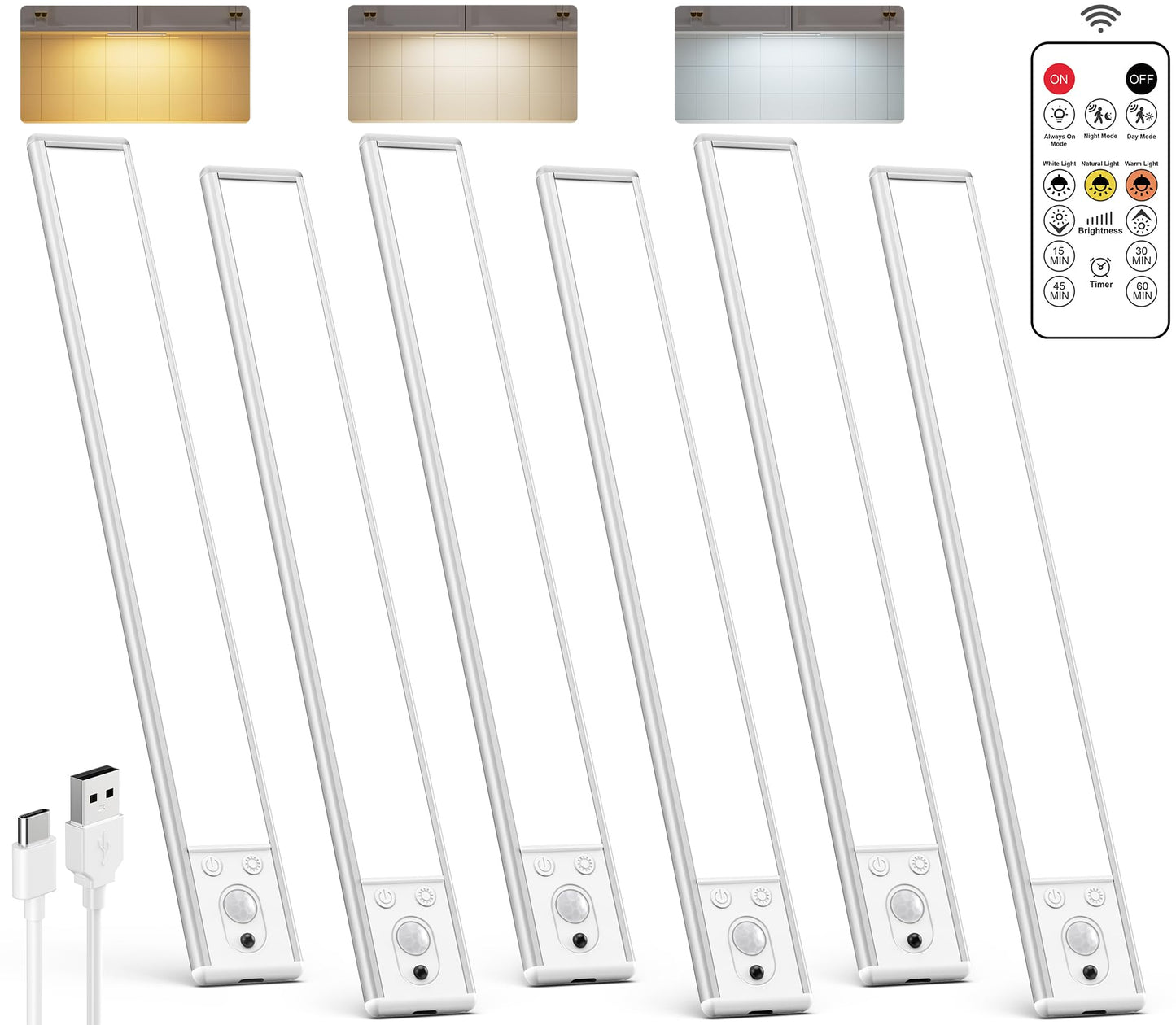 Under Cabinet Lighting Wireless, Rechargeable LED Motion Sensor Light Indoor, Closet Lights with Remote, Timer, 3 Color Temps & Dimmable Magnetic