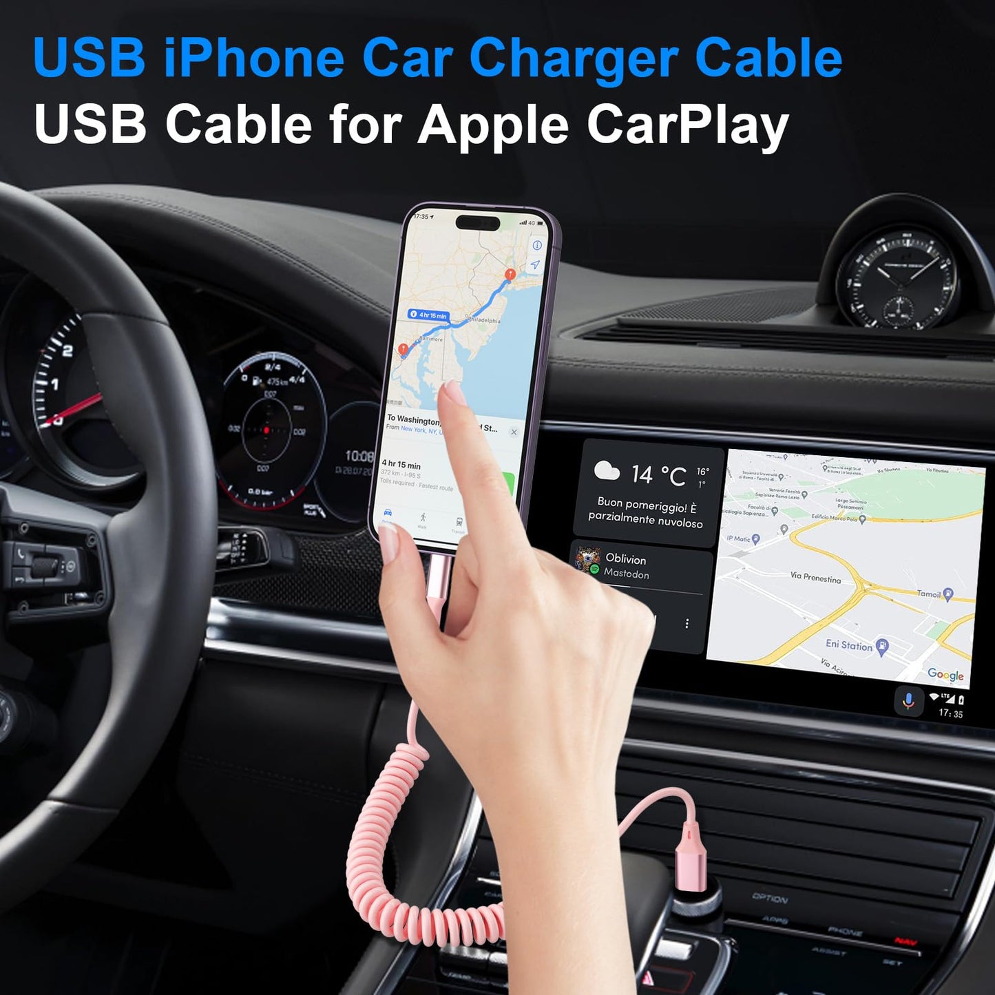 Coiled iPhone Lightning Cable Apple Carplay Cord, MFi Certified 6FT USB to Lightning Car Charger Cable Pink Short Curly with Data Sync, for iPhone 14…