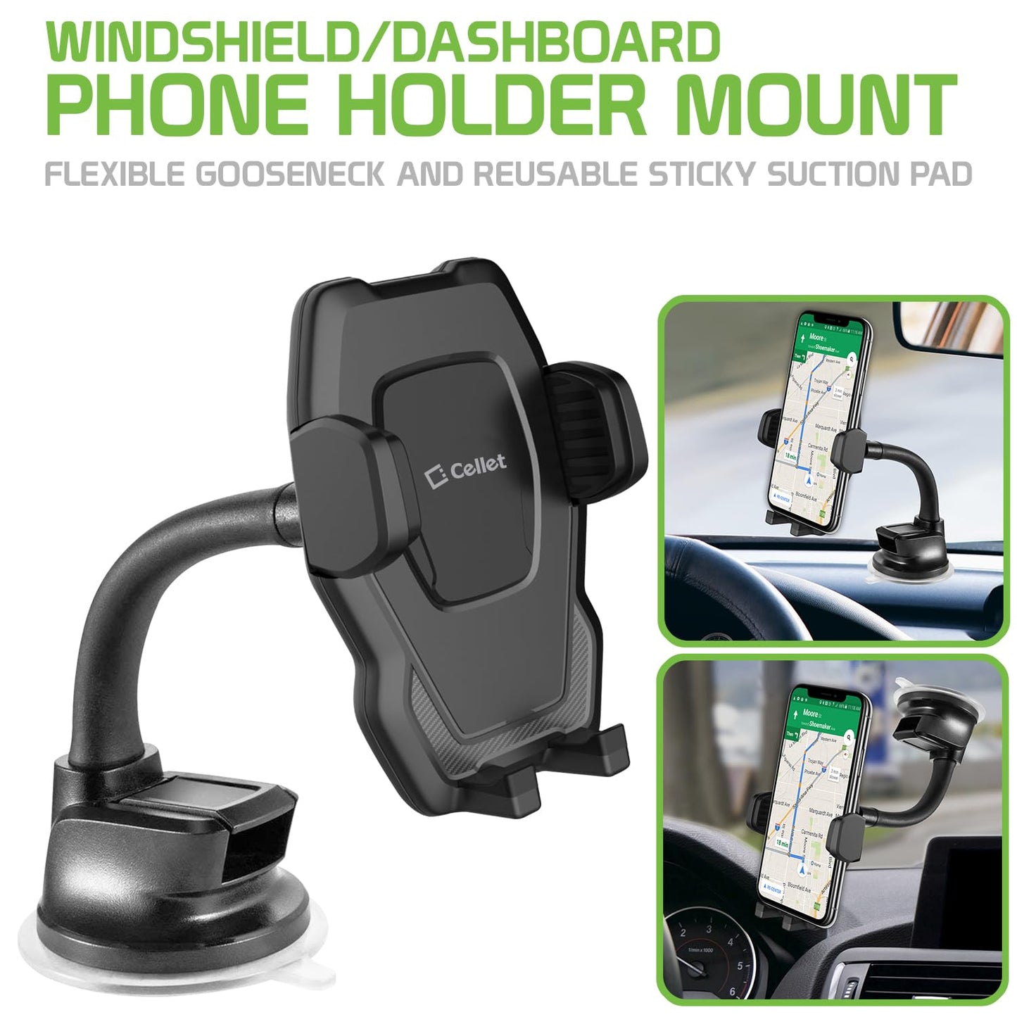 Cellet Windshield/Dashboard Phone Holder Mount - Flexible Gooseneck & Reusable Sticky Suction Pad - Universal Car Phone Holder for GPS Navigation