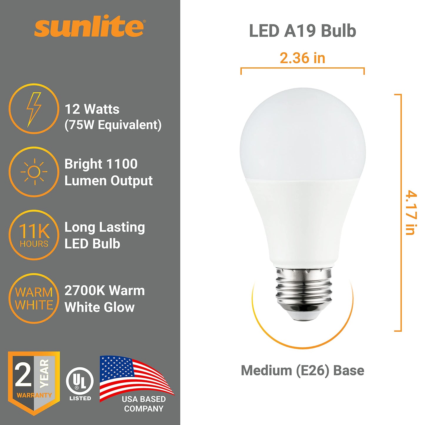 Sunlite LED A19 Household Light Bulbs, 12 Watts (75W Equivalent), 1100 Lumens, 120 Volt, Medium Base (E26), Non-Dimmable, Frost Finish, UL Listed