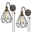 DAYCENT Farmhouse Plug in Wall Sconce Set of 2 Oil Rubbed Bronze Wall Light with On Off Switch Industrial Polygon Caged Gooseneck Sconces Wall