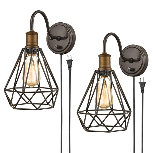 DAYCENT Farmhouse Plug in Wall Sconce Set of 2 Oil Rubbed Bronze Wall Light with On Off Switch Industrial Polygon Caged Gooseneck Sconces Wall