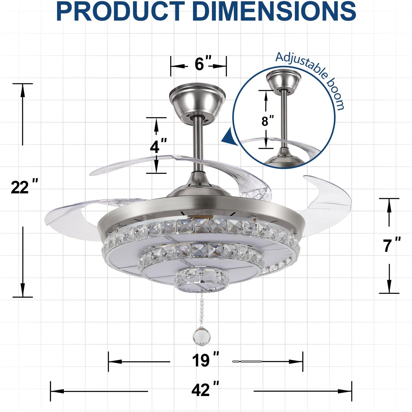 efperfect 42" Crystal Ceiling Fan with Lights, Retractable Modern Chrome Fandelier, Remote 3 Speeds 3 Color Changes Noise-Free Ceiling Fan