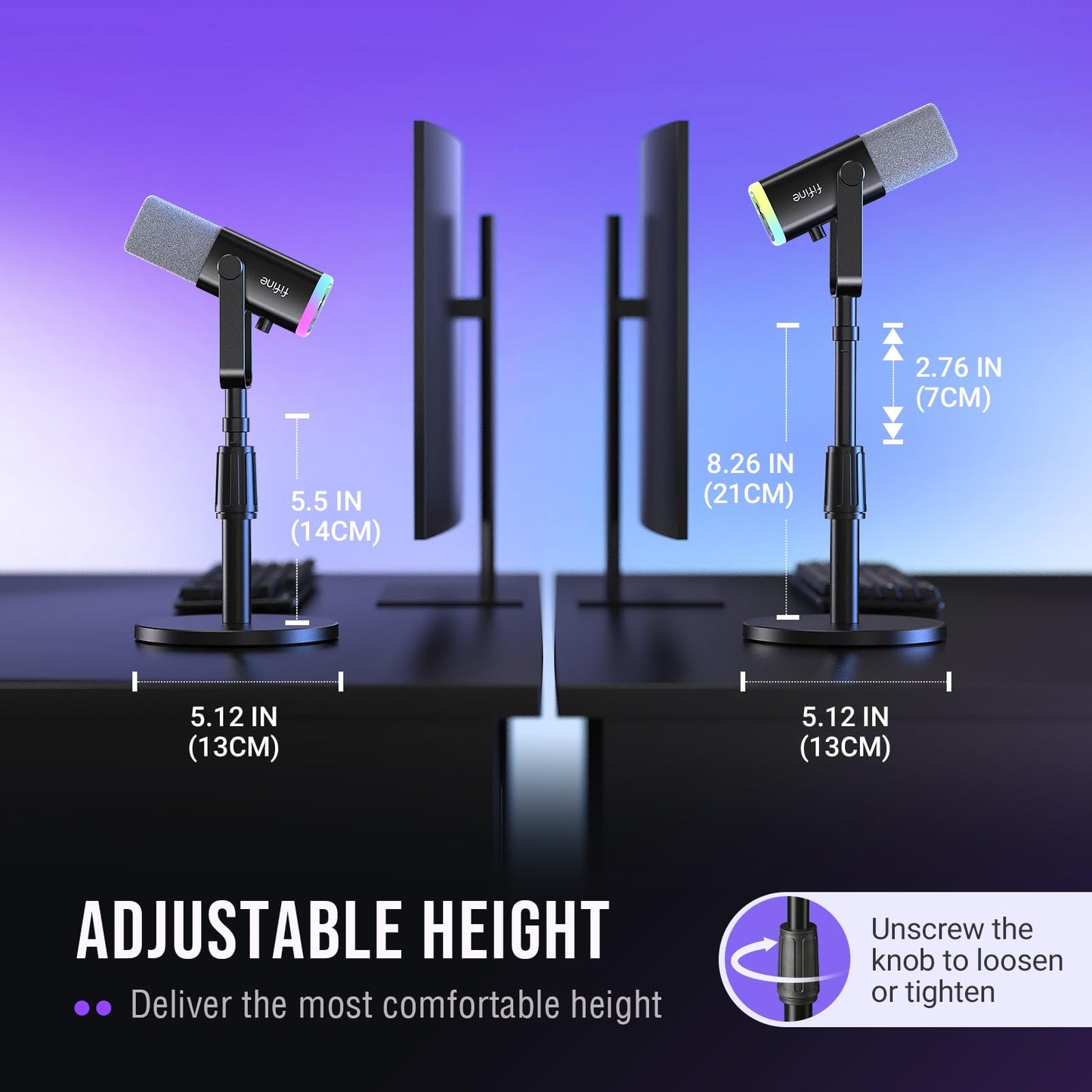 FIFINE Desktop Microphone Stand, Heavy-Duty Metal Adjustable Table Mic Stand with 5/8" Male to 3/8" Female Screw Adapter, 4 Non-Slip Pads Compatible