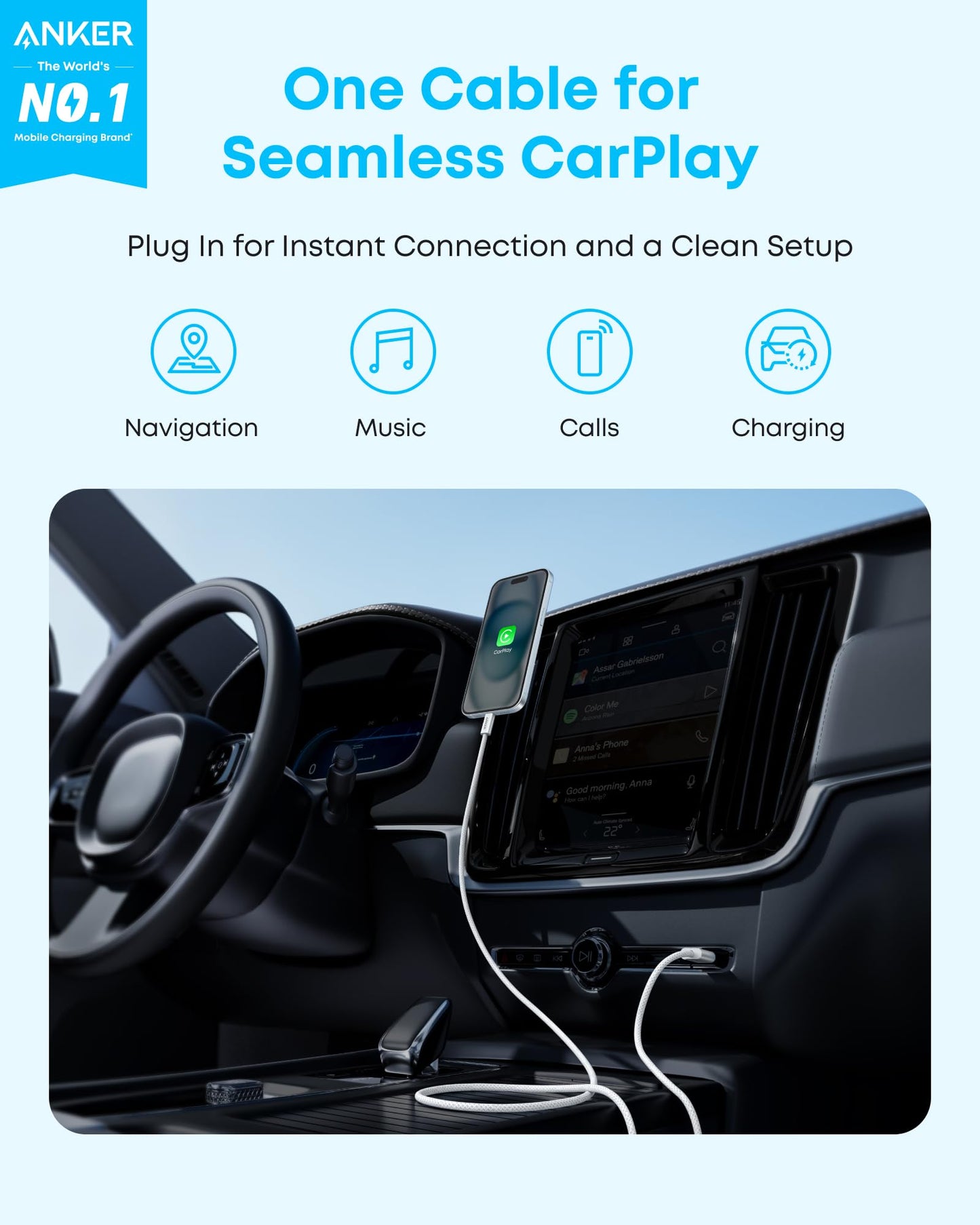 Anker Zolo USB to USB C Cable, Seamless CarPlay Connection Durable and Braided Type C Cable, Premium Look with Slim Connector, for iPhone 17/16