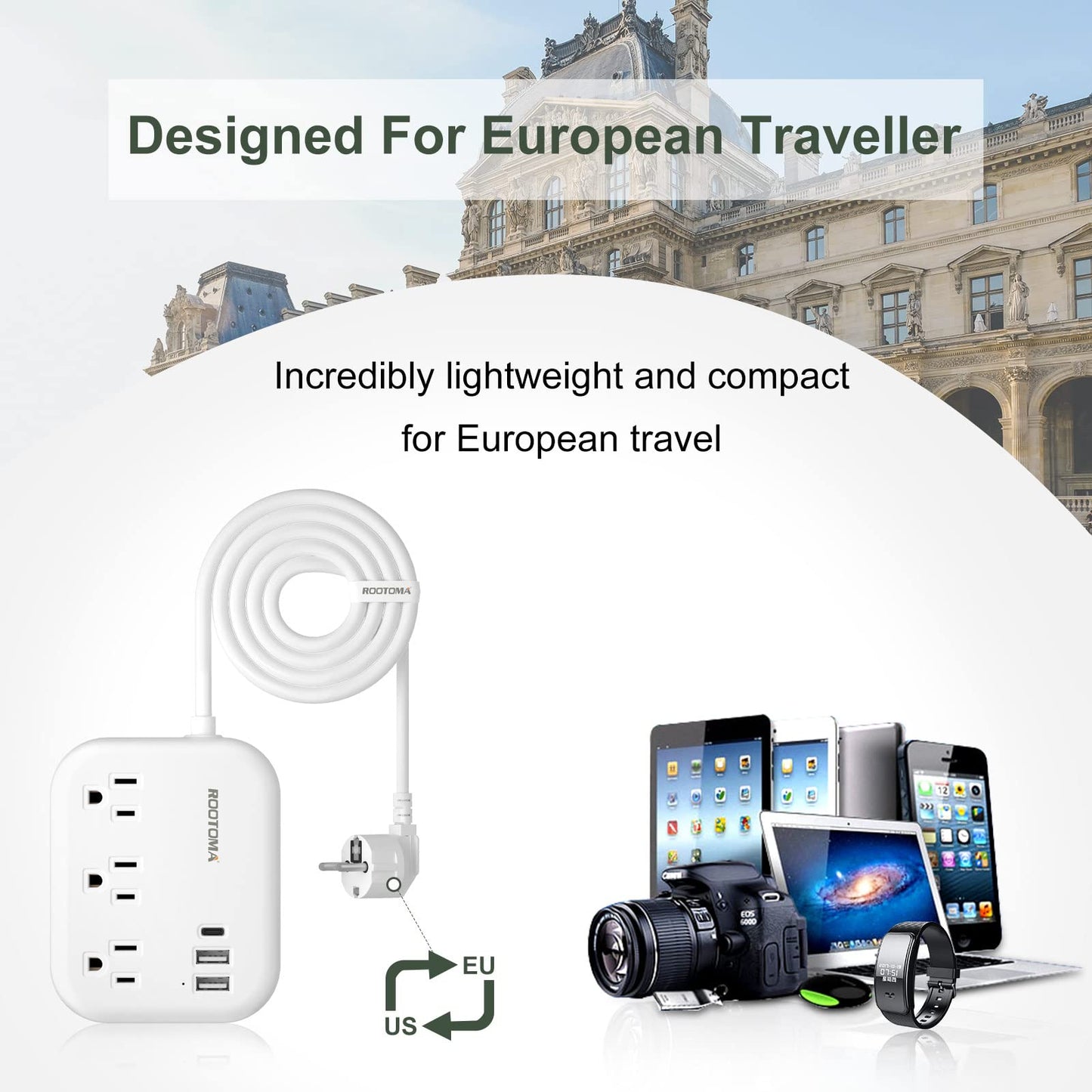 European Travel Plug Adapter with USB C, ROOTOMA Outlet Adapter US to Europe 3 Outlets 3 USB Ports, International Power Strip for EU Spain France