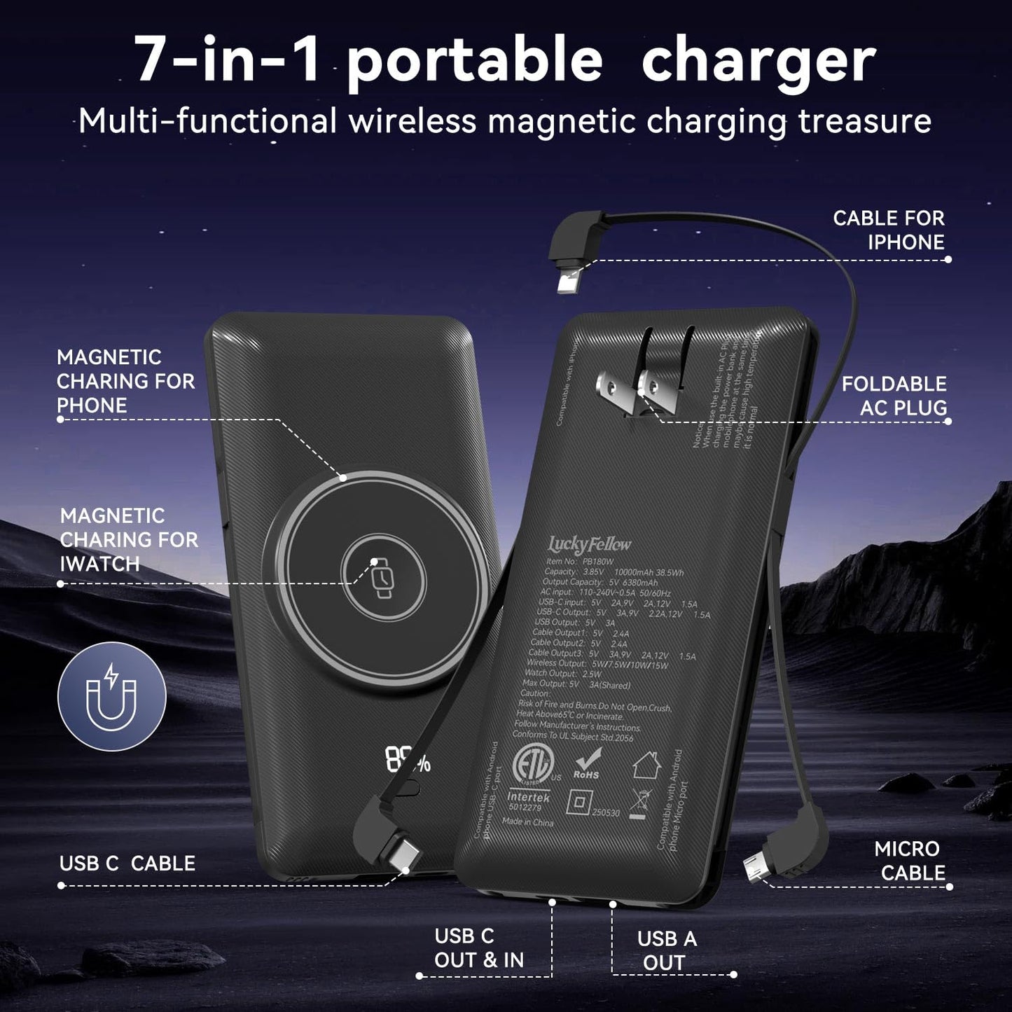 LUCKYFELLOW Magnetic 10000mAh Portable Charger for iWatch & iPhone, PD Fast Charging Wireless Power Bank Built-in Cables and Wall Plug, External