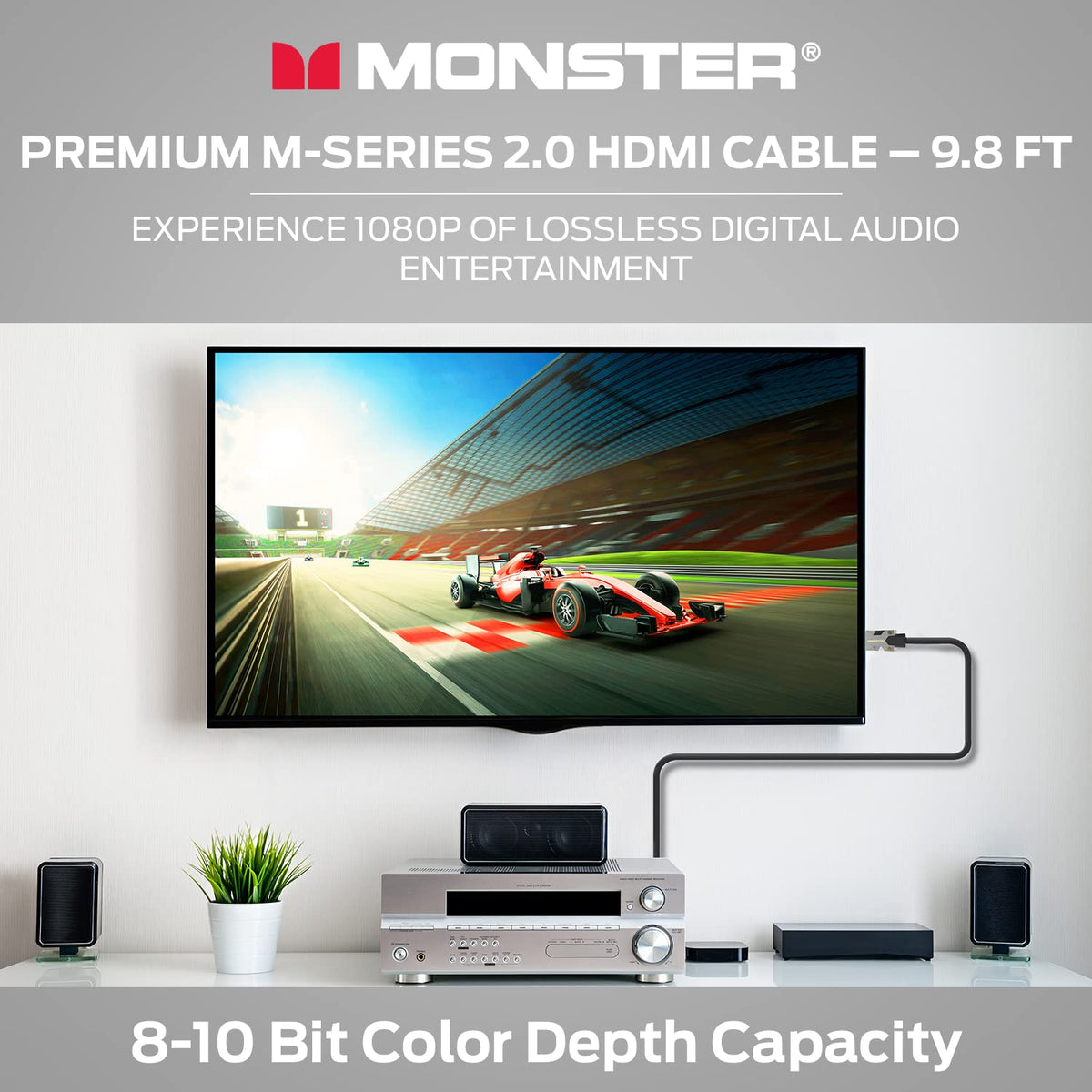 Monster M-Series Certified Premium HDMI Cable 2.0, High-Speed 22.5 Gbps, 4K UHD 60Hz, Triple-Layer Shielding, Duraflex Jacket, HDMI Cable for TV, Monitor, Gaming, PC, 9.8 ft