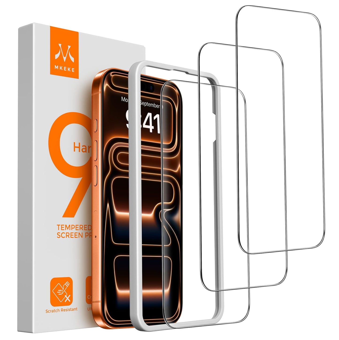 Mkeke Screen Protector Compatible with iPhone 17 Pro, 3 Pack Tempered Glass [9H+ Hardness] [Military-Grade Drop Protection] [Sensitive Touch] [Easy