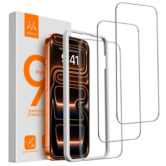 Mkeke Screen Protector Compatible with iPhone 17 Pro, 3 Pack Tempered Glass [9H+ Hardness] [Military-Grade Drop Protection] [Sensitive Touch] [Easy
