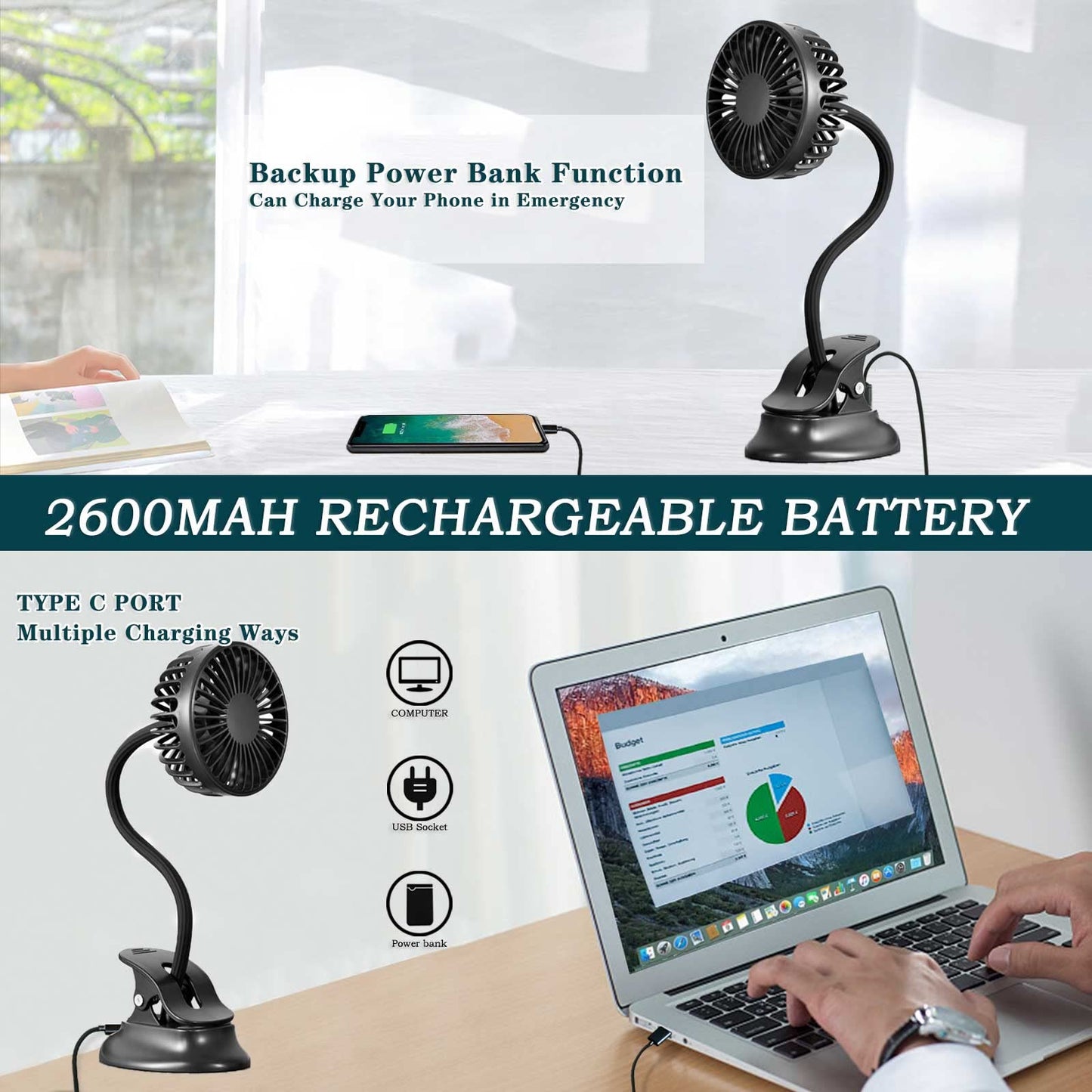 Glovion Clip On USB Mini Desk Fan with Emergency Power Bank, Battery Operated Rechargeable Portable Fan - Flexible Neck, 3 Speed Personal Cooling