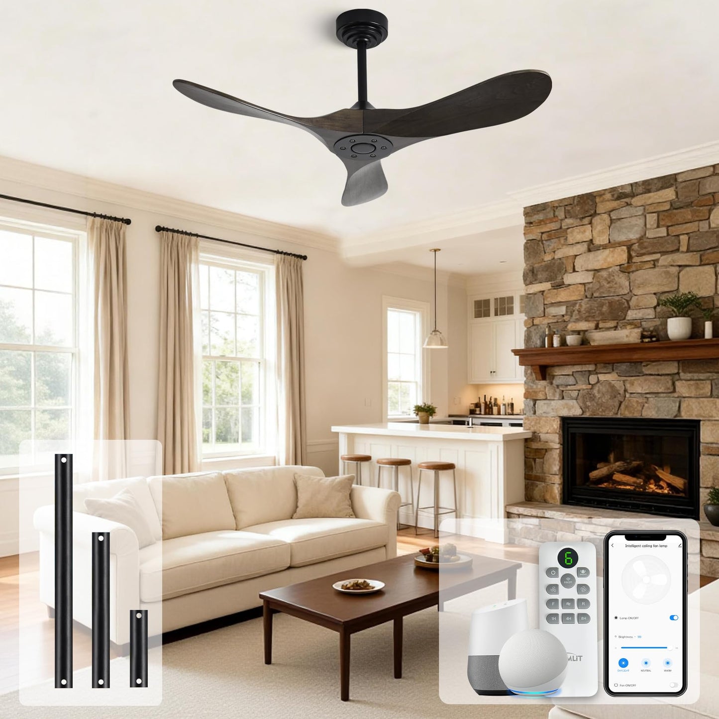 Homlit Outdoor Ceiling Fan Without Light, 42Inch Smart Ceiling Fan with Remote & Voice Control for Compatible with Alexa/Google, 3-Blade Wood Fan