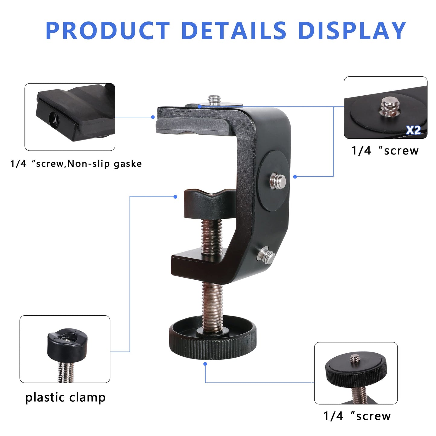 QYXINC C Clamp Camera Clamp Mount with 1/4" Screw for Photo Studio Video DSLR,Cameras, Light Stand, Desk, Rods, Hooks, Shelves, Cross Bars