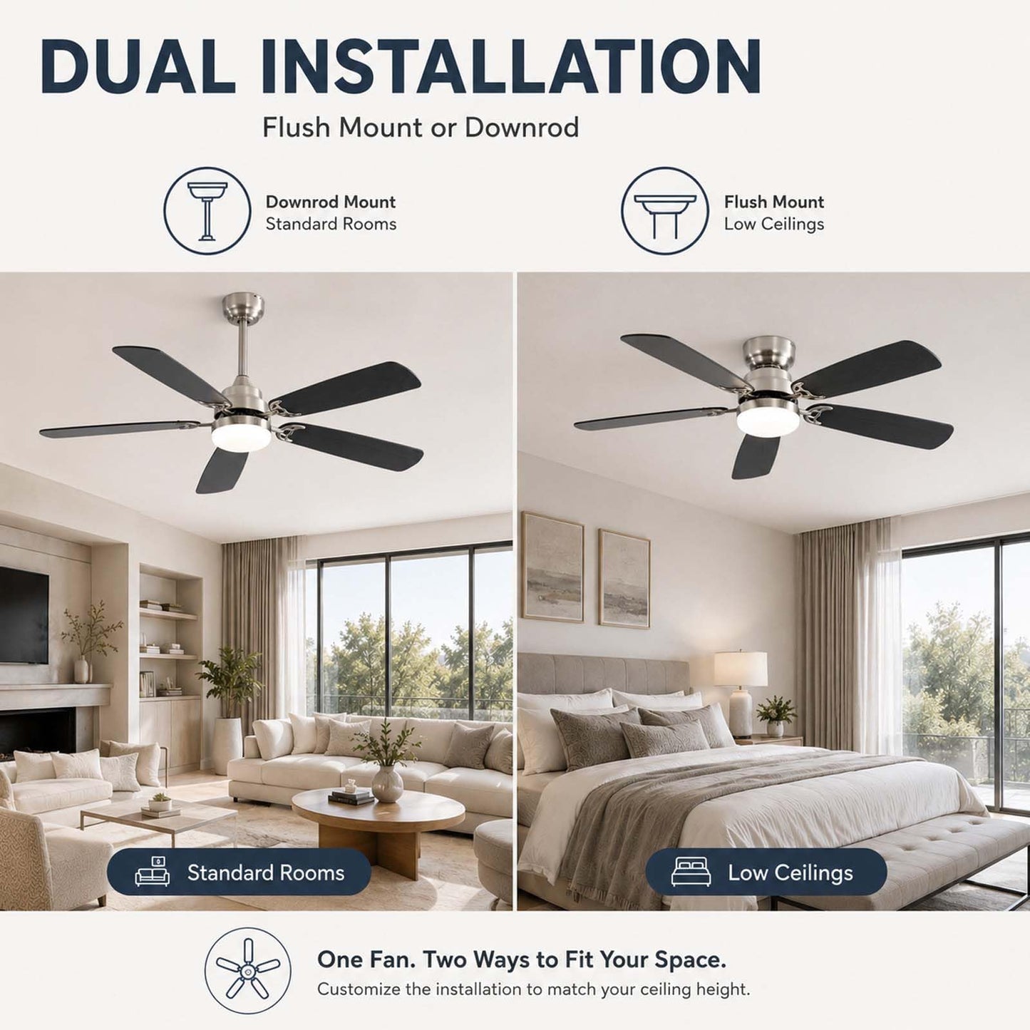 HRVEOCEI 52 Inch Modern Ceiling Fans With Lights for Bedroom, Flush Mount/Low Profile Fan Ceiling with Remote Control, 5 Blades Reversible for Living