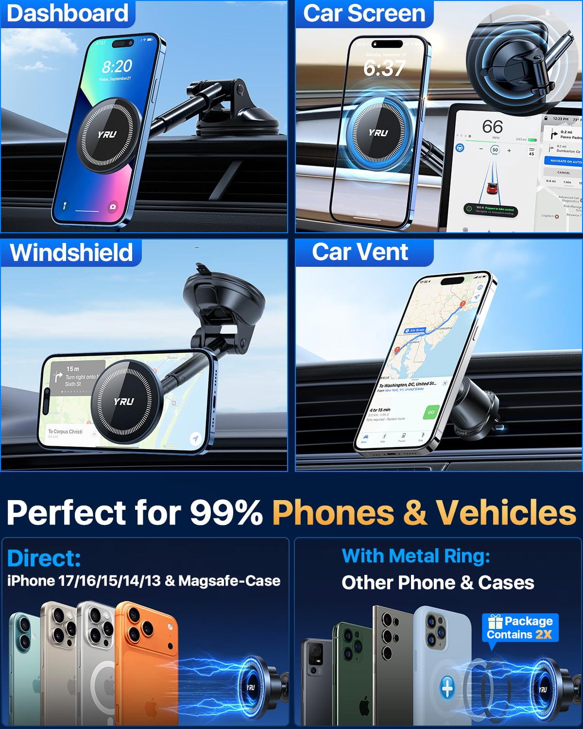 YRU Upgraded Magnetic Phone Holder Car?Patented & Super Magnet? for MagSafe Mount Dashboard Windshield Vent Magnet Phone Cradle Stand for iPhone 17 16