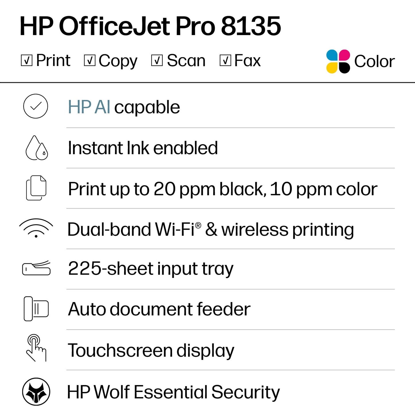 HP OfficeJet Pro 8135 Wireless All-in-One Color Inkjet Printer, Print, Scan, Copy, Fax, ADF, Duplex Printing Best-for-Home-Office, 3 Month Trial