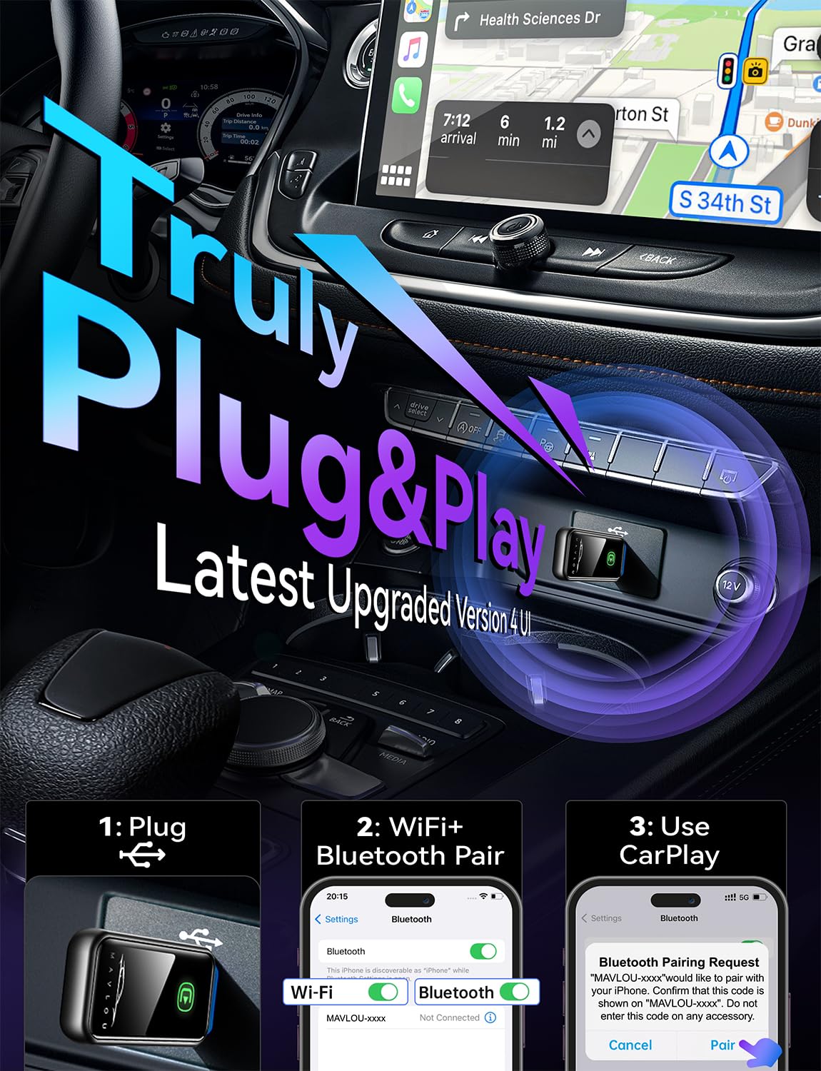 Mavlou Carplay Wireless Adapter for iPhone, Latest Upgrade Carplay Dongle, Stable Fast Convert Wired to Wireless CarPlay, Plug & Play OTA Upgrade
