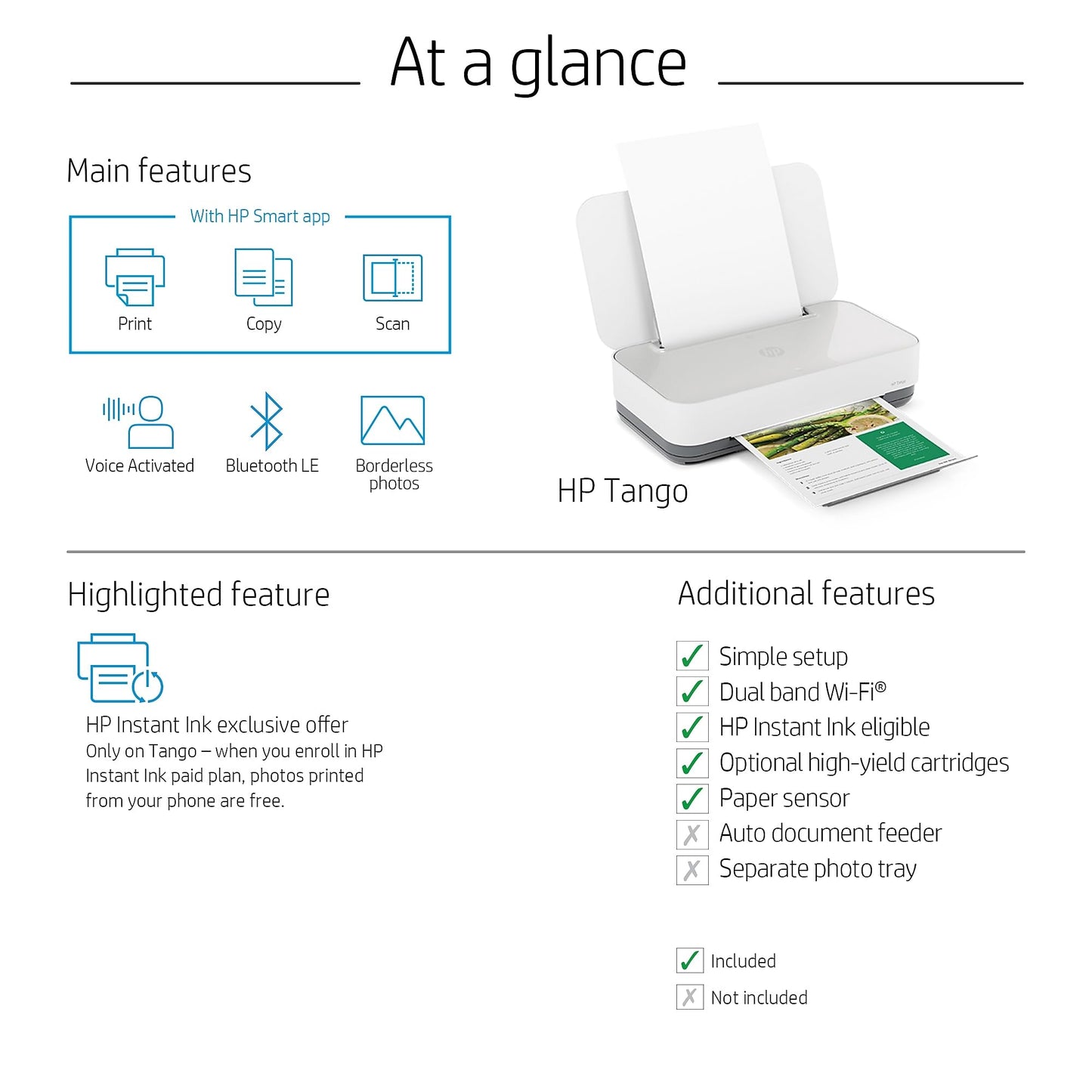 HP Tango Smart Wireless Printer - Mobile Remote Print, Scan, Copy, Instant Ink, Works with Alexa(2RY54A),White