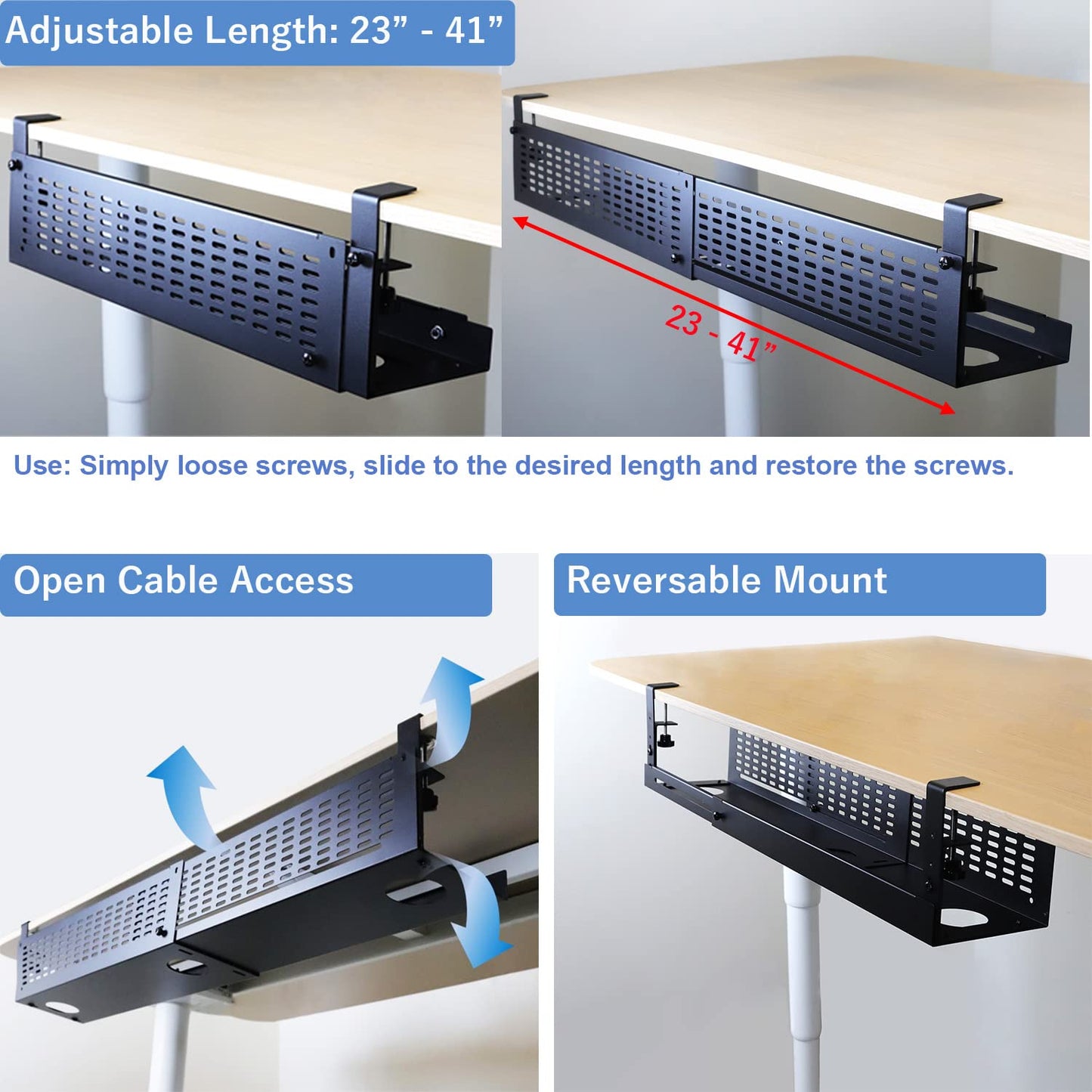 AEONS Under Desk Cable Management Tray Kit - Horizontal Adjustable up to 41” Removable C Clamp Mount Reversible Computer Cord Raceway and Modesty