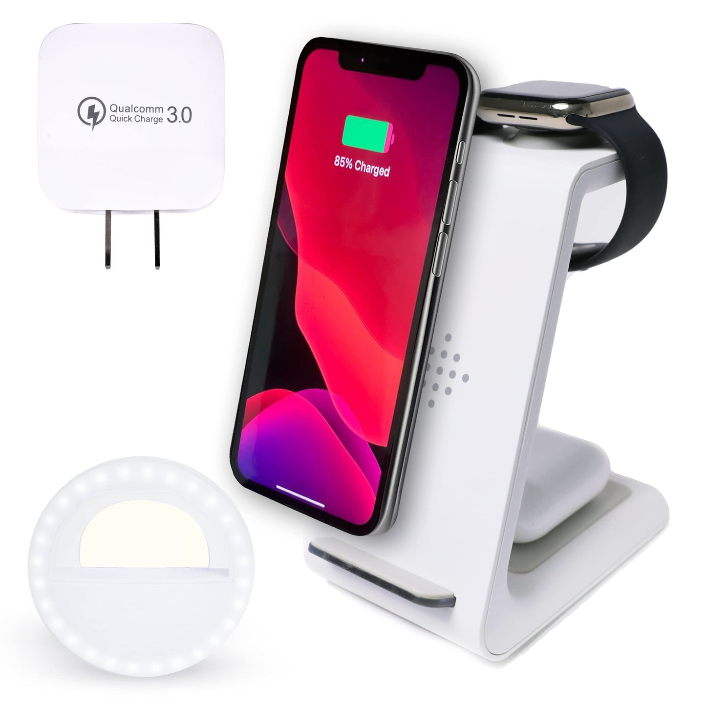 3 in 1 Wireless Fast Charger Station HATAKY with Selfie Ring Light for Apple Watch 6/SE/5/4/3/2, Airpods 2/ Pro, iPhone 13/12 Pro Max/11 Pro XR/XS/X