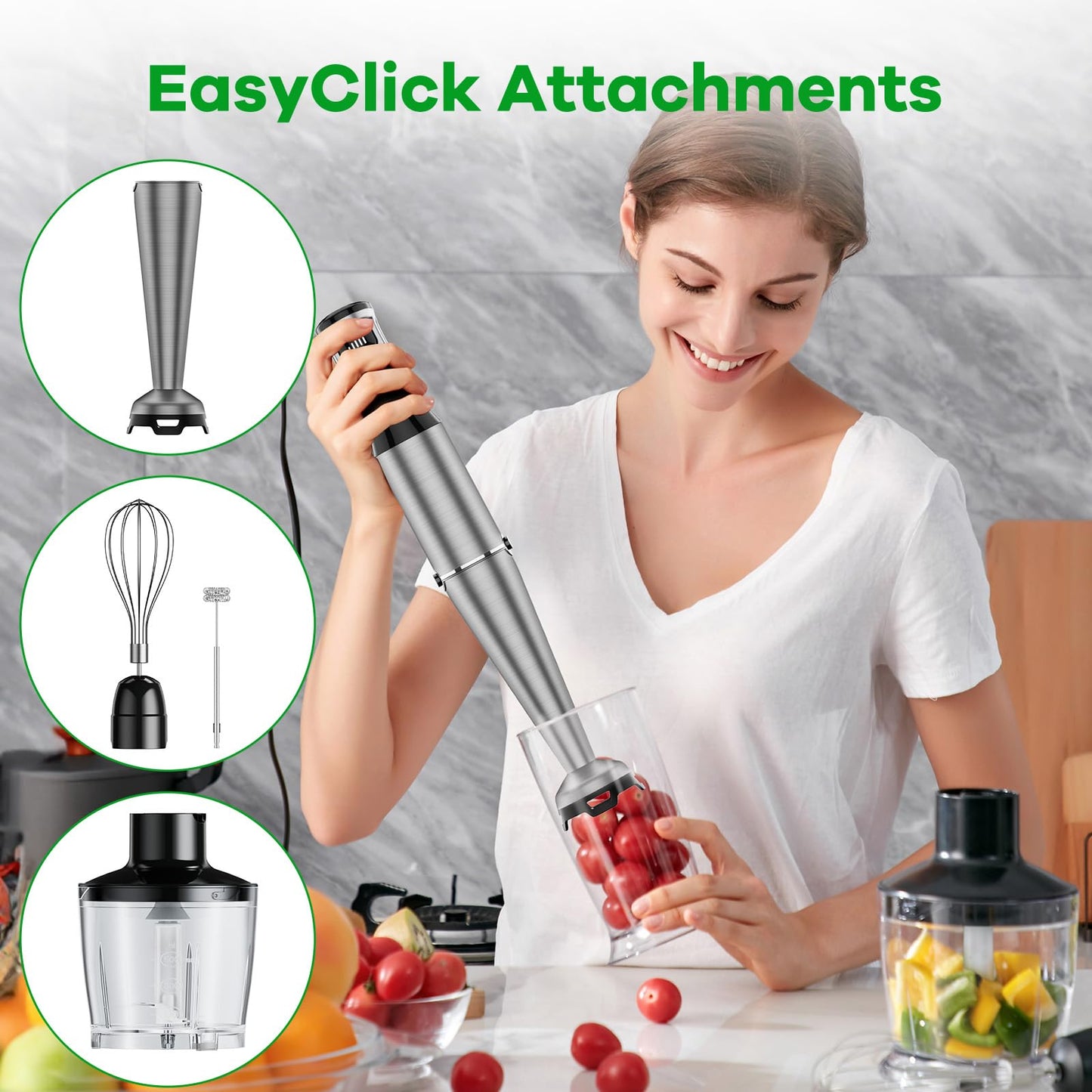 5-in-1 Immersion Hand Blender Set – 1100W Corded Stick Blender with Variable Speed, Chopper, Whisk & Frother for Soup, Smoothies & Baby Food