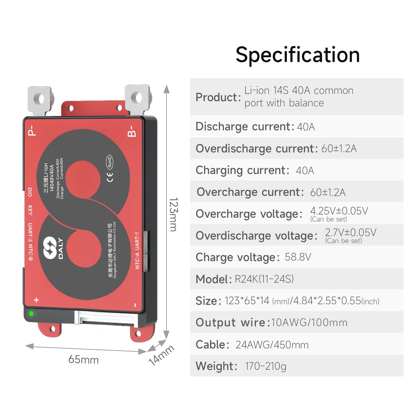 DALY Smart BMS with Bluetooth Module Li-ion 3S-20S 12V-72V 40A-500A Battery Protection Board for Li-ion Battery Pack(Li-ion 14S 48V 40A+BT Module)