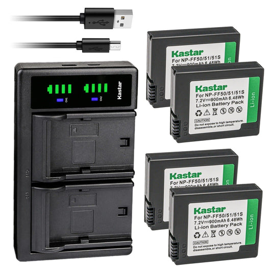 Kastar 4-Pack NP-FF50 Battery and LTD2 USB Charger Compatible with Sony DCR-PC106, DCR-PC106E, DCR-PC107, DCR-PC107E, DCR-IP1, DCR-IP1E, DCR-IP1K