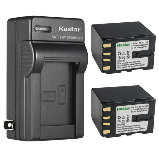 Kastar 2-Pack BN-V428 Battery and AC Wall Charger Replacement for JVC BN-V408US BN-V416US BN-V428 BN-V428U BN-V428US BN-V438US BN-V856US Battery, JVC