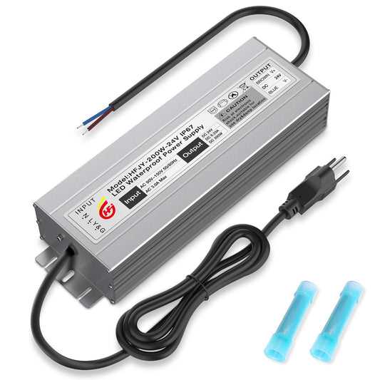 LED Driver, LED Power Supply 24V 8.3A 200W Waterproof IP67 AC 90-150V to DC 24V,Low Voltage Transformer,with 3-Prong Plug 3.3 Feet Cable for Indoor