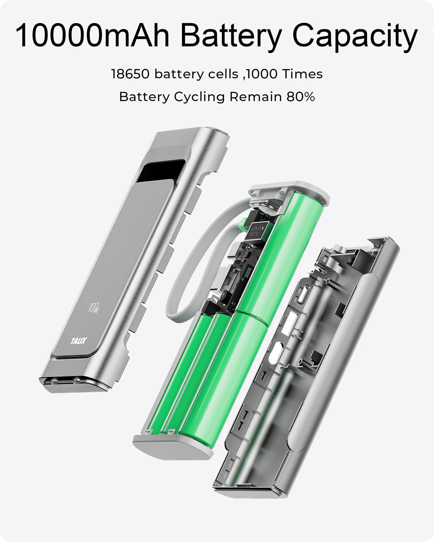 TALIX 10000mAh Portable Charger, 3-Port USB-C Power Bank, 100W Max Fast Charging Battery Pack with Built-in Cables for iPhone 17/16/15 Pro