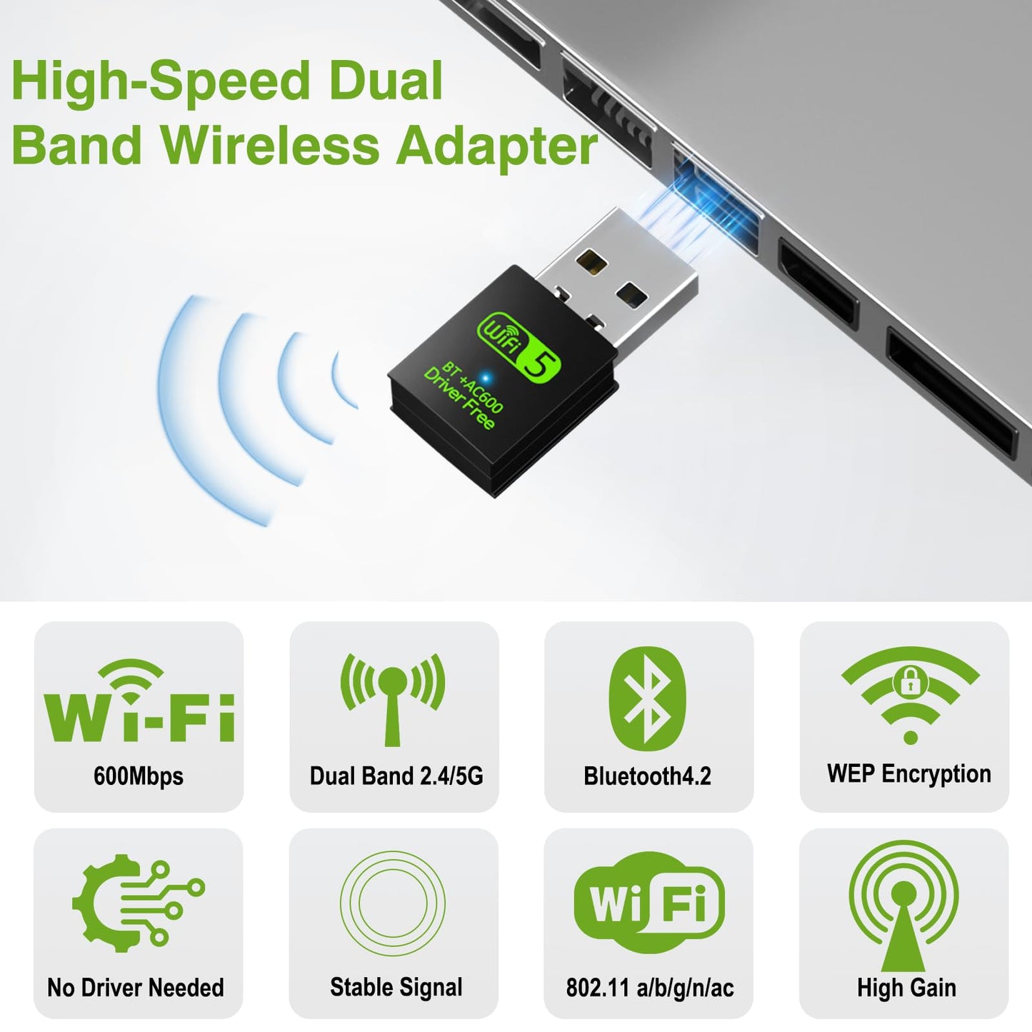USB WiFi Bluetooth Adapter, 600Mbps Dual Band 2.4/5Ghz Wireless Network External Receiver, Mini WiFi Dongle for PC/Laptop/Desktop