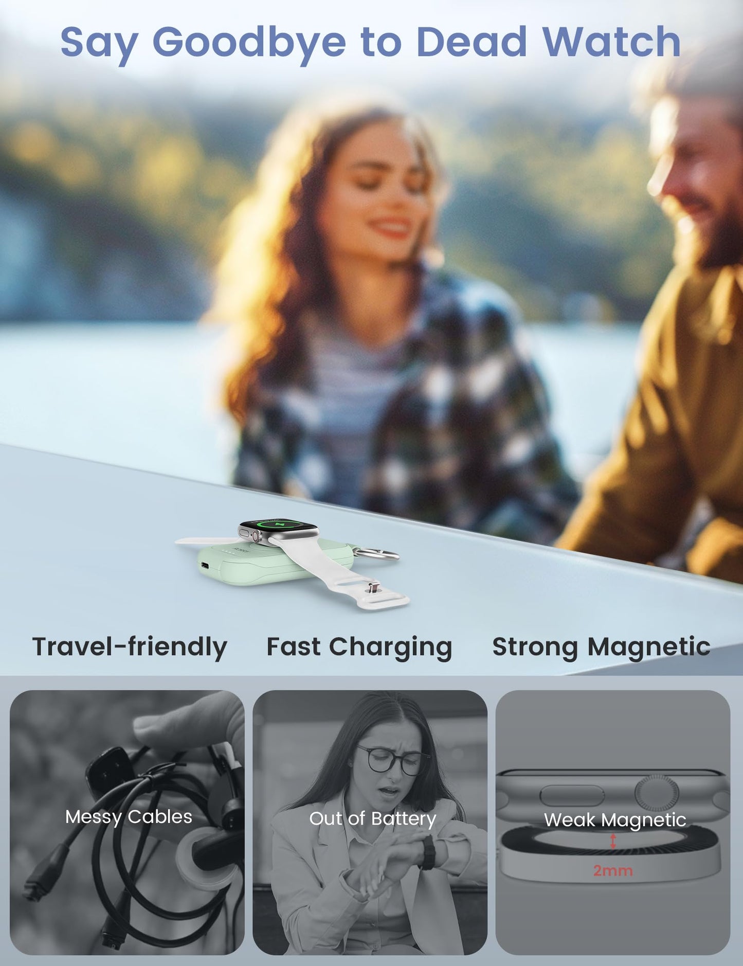 RORRY CharmGo Charger for Apple Watch Series 10, 2500mAh Fast Charging Portable Charger for iWatch, Travel Charger with Built-in USB C Cable for Apple