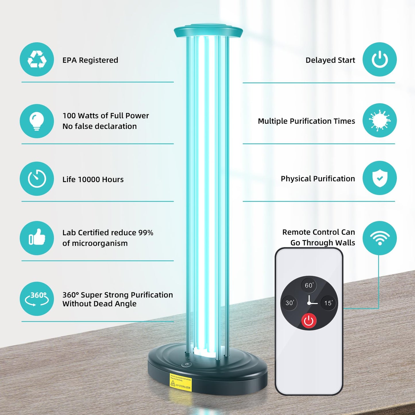 JTAPURE 100W UV Light with Ozone, Disinfection Lamp for Whole Room