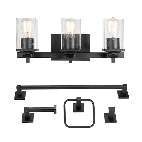 Globe Electric 51634 Dakota 5-Piece All-in-One Bathroom Set 3 Vanity Light with Seeded Glass Shades, Bar, Toilet Paper Holder, Towel Ring, Robe Hook