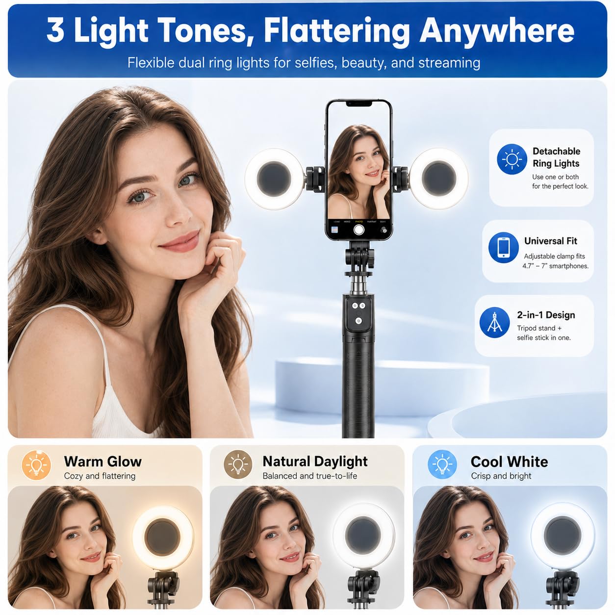 Black Tripod for iPhone with Light, Ring Light Holder for iPhone, Adjustable Selfie Stick Stand with Fill Light, Extendable Phone Tripod for Video
