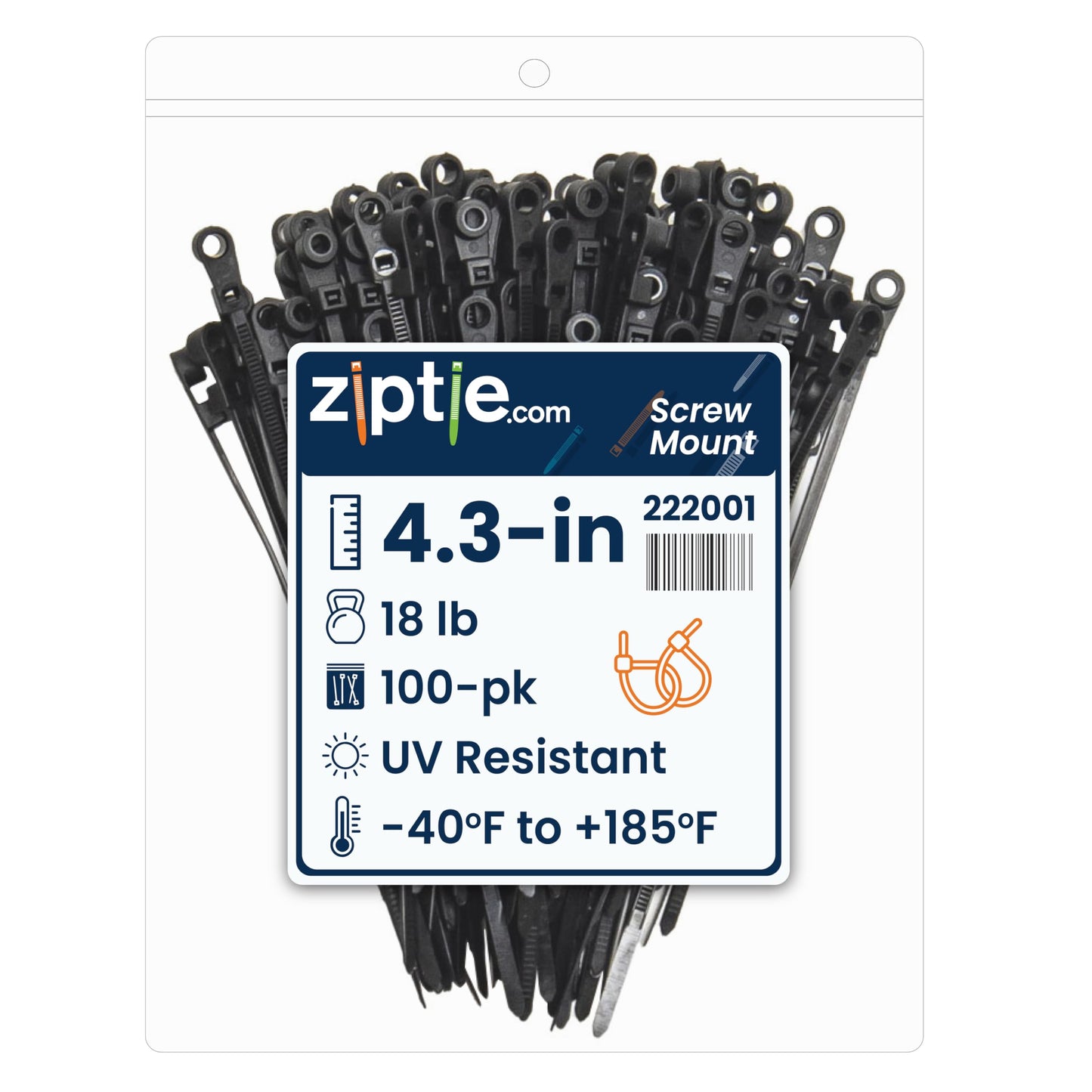 ZipTie.com 4.3-Inch Black Zip Ties With Screw Hole - 18-lb Tensile Strength Cord Management & Secure Mounting - Indoor & Outdoor Multi-Purpose Tie