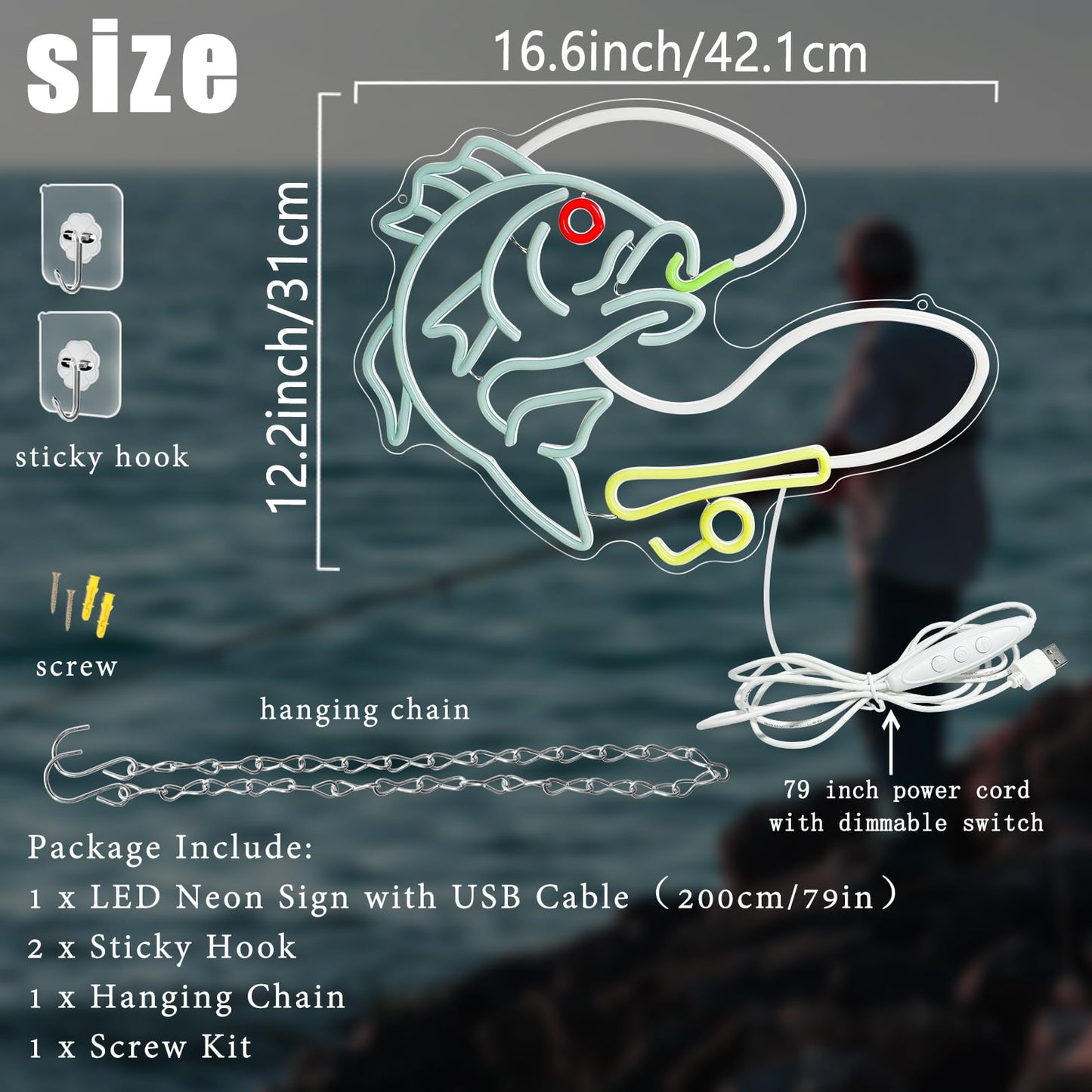Fishing Neon Sign for Wall Decor, Dimmable Fishing Hook Lights Neon, Fishing Themed LED Neon Light Sign for Fishing Lovers Fishing Gear Store Man Cave