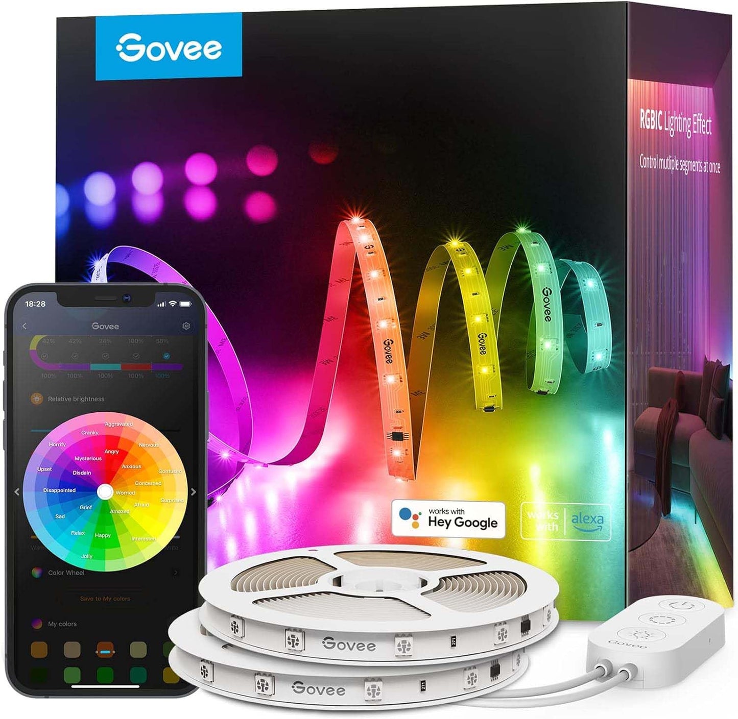 Govee 100ft RGBIC LED Strip Lights, Smart LED Lights Work with Alexa and Google Assistant, LED Lights for Bedroom WiFi App Control Segmented DIY