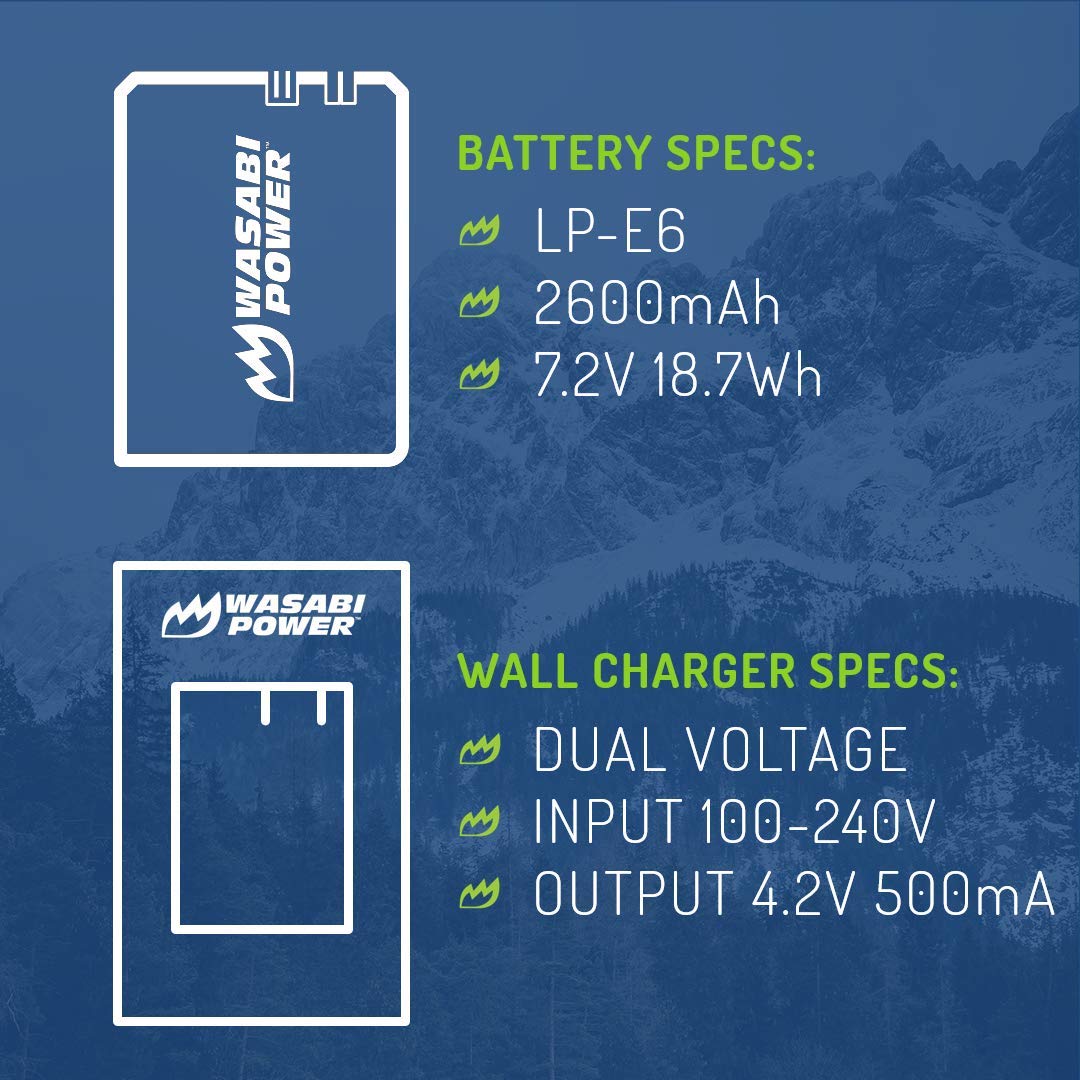 Wasabi Power LP-E6, LP-E6N Battery (2-Pack) and Charger for Canon EOS 5D Mark II/III/IV, 5DS, 5DS R, 6D, 6D Mark II, 7D, 7D Mark II, 60D, 70D, 80D