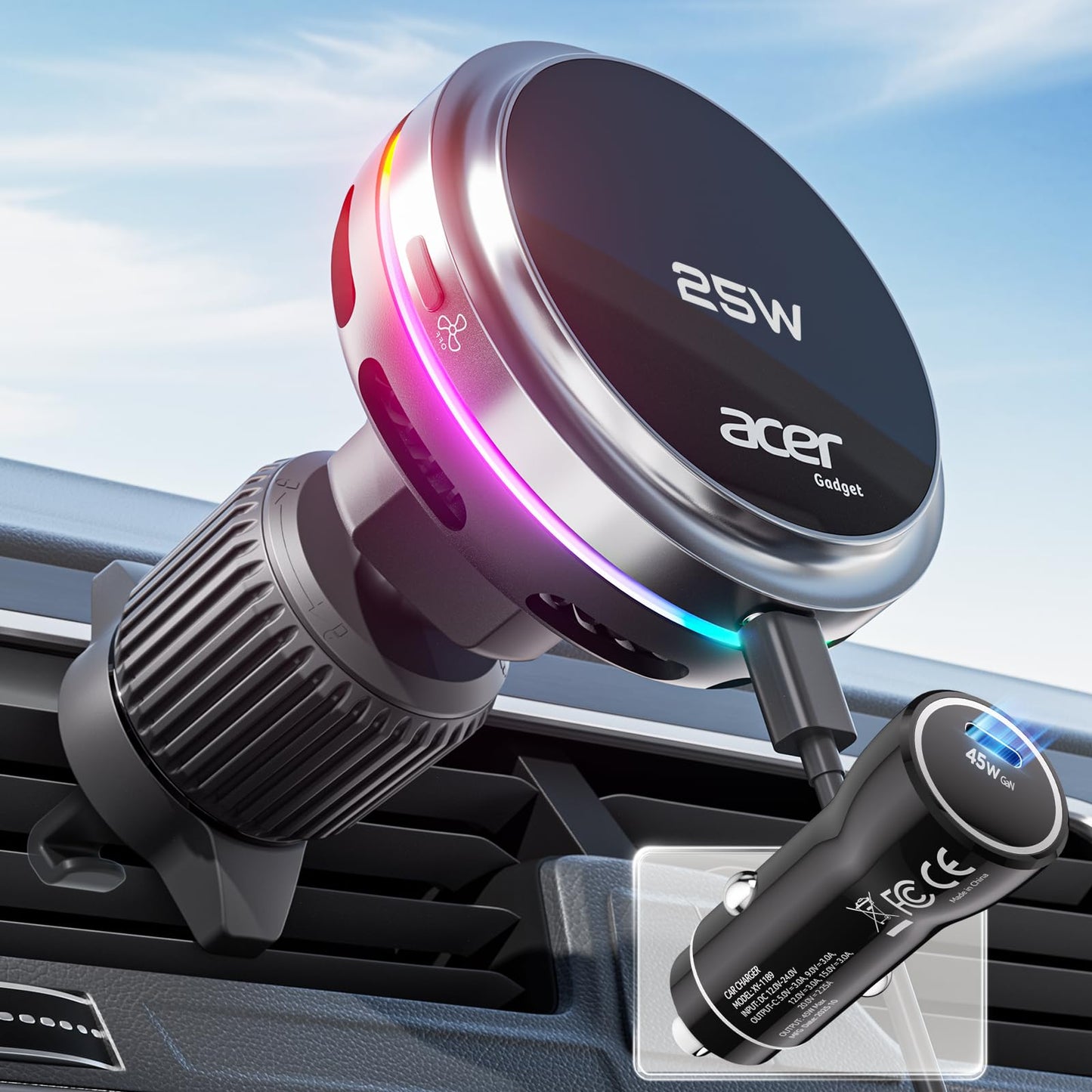 Acer Gadget 25W for MagSafe Car Mount Charger, Wireless Car Charger with Cooling Fan & Backlight, Vent Phone Mount with 45W Car Adapter, 360° Rotation