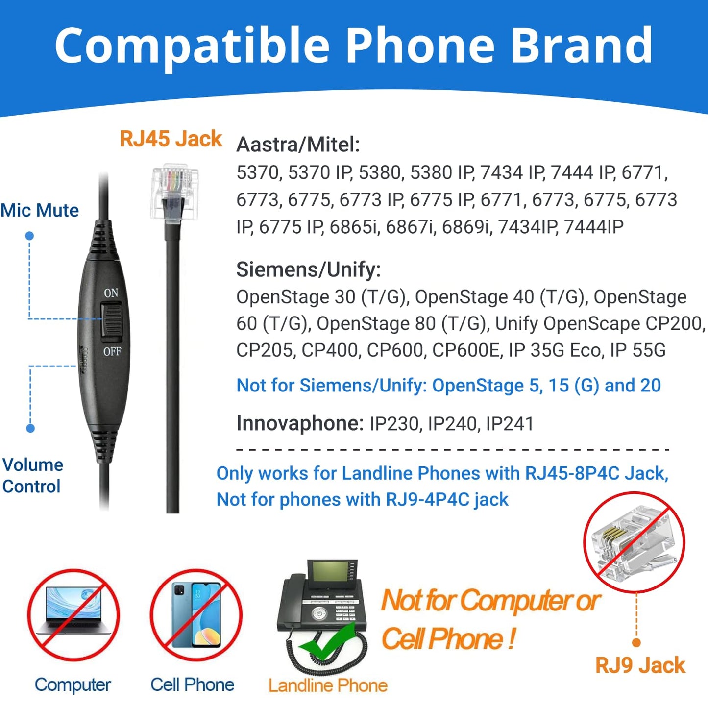 Callez RJ45 Telephone Headset with Microphone Noise Cancelling, Mono Quick Disconnect Phone Headset Compatible with Mitel/Aastra 6865i 6867i 6869i