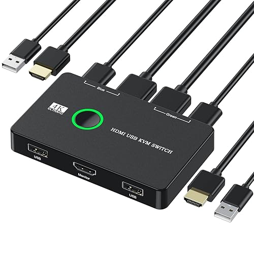 KVM Switch, USB and HDMI KVM Switches for 2 Computers Sharing Mouse Keyboard Printer to One HD Monitor, Supports 4K@60 Hz, 2 HDMI Cables and 2 USB